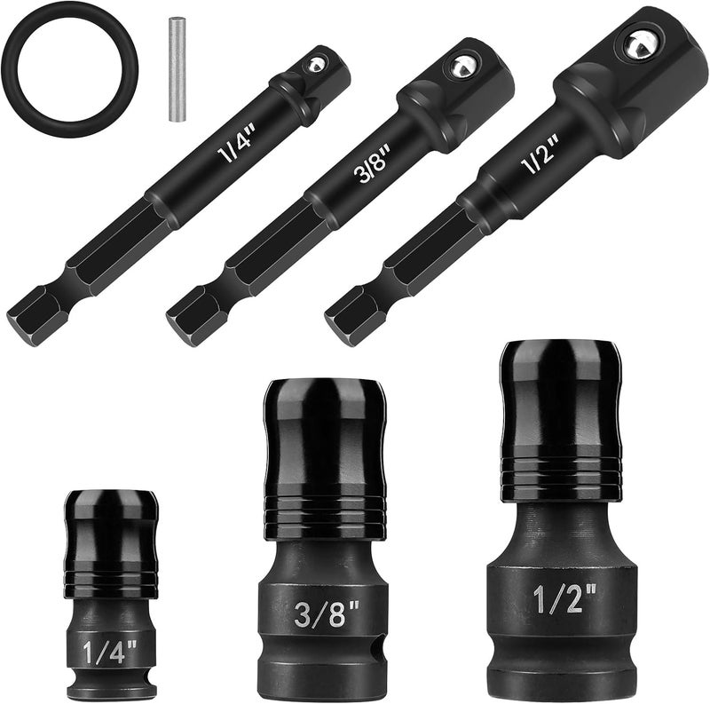 Lytool Impact Socket Adapter & Reducer Set, 6PCS Cr-Mo Steel, 1/4" Hex Shank to 1/4" Square Drive Drill Adapter and 1/2" 3/8" Reducers, Quick Release Extension for Impact Driver & Power Tools - Image 1